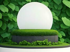 AI generated Empty round stone podium for product display on green foliage background ai generate photo