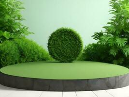 AI generated Empty round stone podium for product display on green foliage background ai generate photo