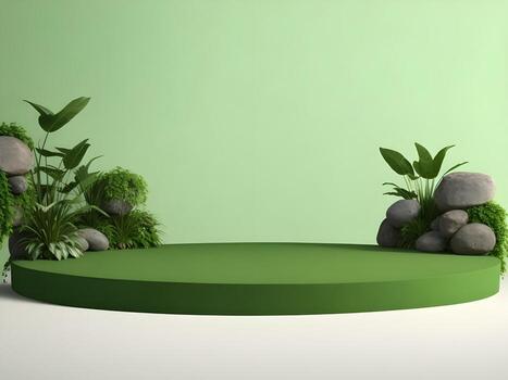 AI generated Empty round stone podium for product display on green foliage background ai generate photo