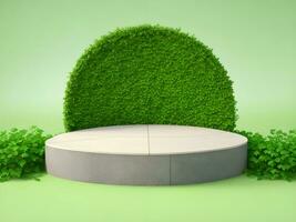 AI generated Empty round stone podium for product display on green foliage background ai generate photo