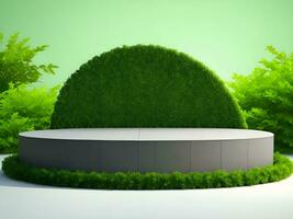 AI generated Empty round stone podium for product display on green foliage background ai generate photo