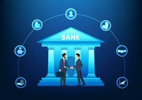 Businessmen shake hands and make an agreement to do business together in front of the bank. Showing how to borrow a loan from a bank in order to work together to grow the business. vector