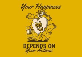 Your happiness depends on your actions. Character of sun and heart holding a beer vector