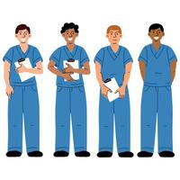 Medical workers in blue uniforms with documents, smiling. Nurses, a doctor. Medical uniform. A group of various nurses in uniform, with full-length documents is highlighted on a white background vector