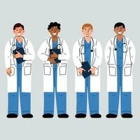 Male doctors in a medical blue uniform with documents and a white coat. A nurse, a doctor. Medical uniform. A group of various nurses in full-length colored uniforms are isolated on a white background vector