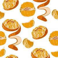 Seamless tangerine pattern with zest. Vector fruit ornament. Citrus texture, slices, peel, zest. Mandarin in different versions,. Vector design of mandarin for printing, textiles, paper, ornament