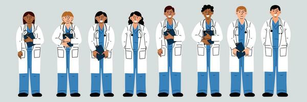 Set of doctors in white coats. Men and women in uniform, with documents. Doctor. Medical uniform. Collection of various doctors in uniform, with and without documents in full height is highlighted vector