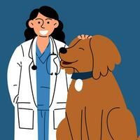 un contento hembra veterinario es caricias un perro. vector ilustración de animal cuidado. plano estilo. un médico en un uniforme y un médico Saco con un perro en un azul antecedentes. internacional del veterinario día