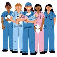 Midwives, medical workers who hold babies and documents. Medical uniforms of twin nurses, children in blue and pink. Discharge from the hospital . A group of nurses colored uniforms for a banner vector