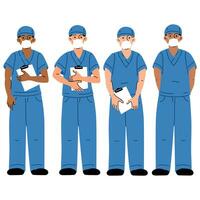 Medical workers in medical masks and blue uniforms with documents. A nurse, a doctor. Medical uniform. A group of various nurses in uniform, with full-length documents is highlighted on a white vector