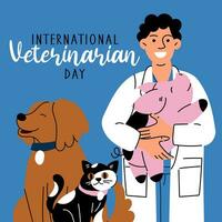 internacional del veterinario día, vector Arte ilustración. el médico es un hombre en un médico vestido participación un cerdo, un gato, un perro. mascota cuidado. un inscripción, un bandera para el día festivo. diversidad de personal