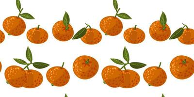 Seamless tangerine pattern with leaves. Vector fruit ornament. The texture of citrus fruits, leaves, fruit is hand-drawn. Tangerine in different turns, horizontal. Vector design of mandarin for print