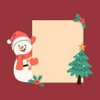 Christmas Snowman Hiding Behind the Blank with Christmas Tree and Holly. Vector Illustration.