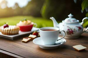 AI generated a blue and white china teapot and a cup of tea on a wooden table in. AI-Generated photo