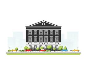 Museum building in flat style with trees and cars. Vector illustration. City scene isolated on white background. Urban architecture. Art gallery of contemporary art.