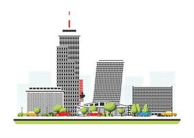 Business city district with skyscraper in flat style with trees. City scene isolated on white background. Urban architecture. Modern european architecture. Downtown street. vector