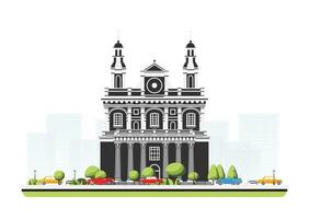 Old cathedral building in flat style with trees and cars. City scene isolated on white background. Urban architecture. Medieval church. vector