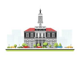 City hall building in flat style with trees and cars. City scene isolated on white background. Urban architecture. vector