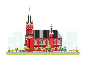 Old red cathedral building in flat style with trees and cars. City scene isolated on white background. Urban architecture. Medieval church. vector