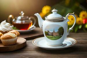 AI generated a blue and white china teapot and a cup of tea on a wooden table in. AI-Generated photo