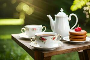 ai generado un azul y blanco China tetera y un taza de té en un de madera mesa en. generado por ai foto