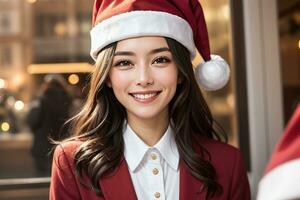 AI generated a female dressed in professional attire wearing santa claus cap, digital art illustration, Generative AI photo