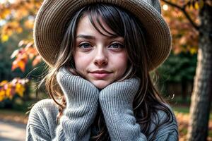 AI generated a cute young girl dressed in charming autumn clothes, digital art illustration, Generative AI photo