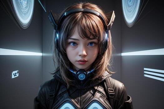 AI generated girl with augmented reality headset, digital art illustration, Generative AI photo