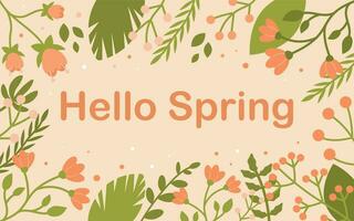 Vector spring background, hello spring, spring web banner, flowers and plants on peach background