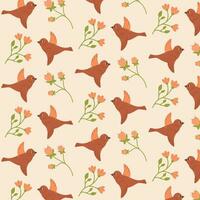 Vector pattern with birds and flowers on a peach background, spring pattern