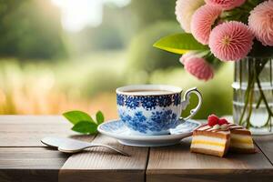 AI generated a blue and white china teapot and a cup of tea on a wooden table in. AI-Generated photo