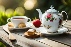 ai generado un azul y blanco China tetera y un taza de té en un de madera mesa en. generado por ai foto