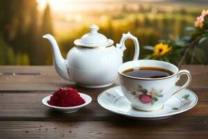 AI generated a blue and white china teapot and a cup of tea on a wooden table in. AI-Generated photo