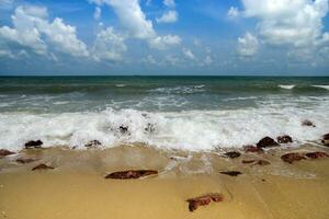 Waves and wind in the summer with red rock on the beach. photo