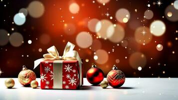 AI generated Christmas background with Christmas balls, gifts with bokeh effect.  AI generated. photo