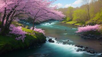 AI generated Cherry blossoms and river in spring, panoramic view photo