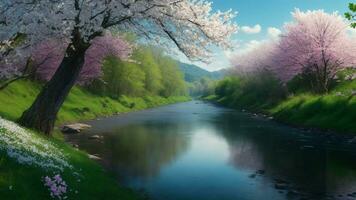 ai generado Cereza flores en lleno floración terminado el río. primavera paisaje foto