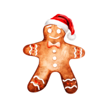 Watercolor illustration of gingerbread man in santa hat, food for winter holidays. png