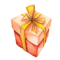 Watercolor illustration of a gift with a bow, hand drawn gift box. png