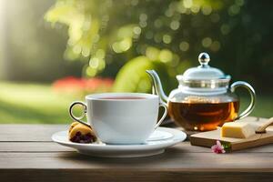 ai generado un azul y blanco China tetera y un taza de té en un de madera mesa en. generado por ai foto