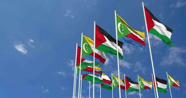 Comoros and Palestine Flags Waving Together in the Sky, Seamless Loop in Wind, Space on Left Side for Design or Information, 3D Rendering video