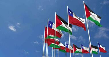 Chile and Palestine Flags Waving Together in the Sky, Seamless Loop in Wind, Space on Left Side for Design or Information, 3D Rendering video
