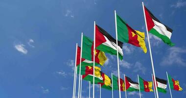 Cameroon and Palestine Flags Waving Together in the Sky, Seamless Loop in Wind, Space on Left Side for Design or Information, 3D Rendering video