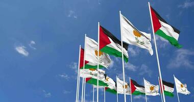 Cyprus and Palestine Flags Waving Together in the Sky, Seamless Loop in Wind, Space on Left Side for Design or Information, 3D Rendering video