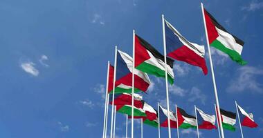 Czech Republic and Palestine Flags Waving Together in the Sky, Seamless Loop in Wind, Space on Left Side for Design or Information, 3D Rendering video