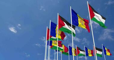 andorre et Palestine drapeaux agitant ensemble dans le ciel, sans couture boucle dans vent, espace sur la gauche côté pour conception ou information, 3d le rendu video