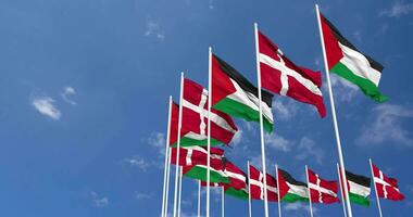 Denmark and Palestine Flags Waving Together in the Sky, Seamless Loop in Wind, Space on Left Side for Design or Information, 3D Rendering video
