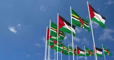 Dominica and Palestine Flags Waving Together in the Sky, Seamless Loop in Wind, Space on Left Side for Design or Information, 3D Rendering video