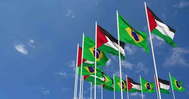 Brazil and Palestine Flags Waving Together in the Sky, Seamless Loop in Wind, Space on Left Side for Design or Information, 3D Rendering video