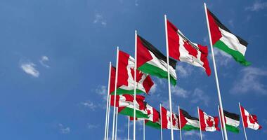 Canadá y Palestina banderas ondulación juntos en el cielo, sin costura lazo en viento, espacio en izquierda lado para diseño o información, 3d representación video
